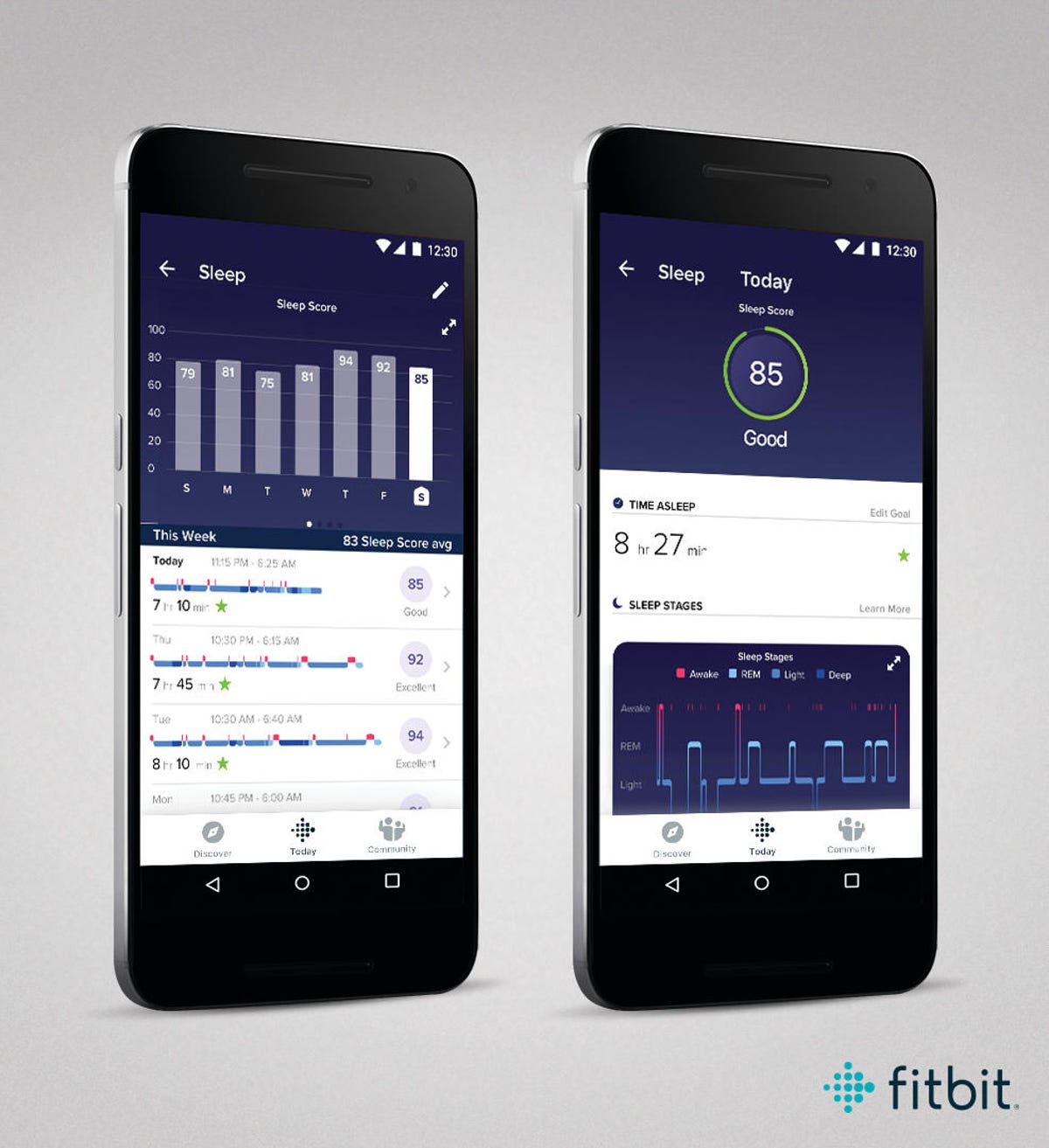 Two phones display sleep tracking data in the Fitbit app.