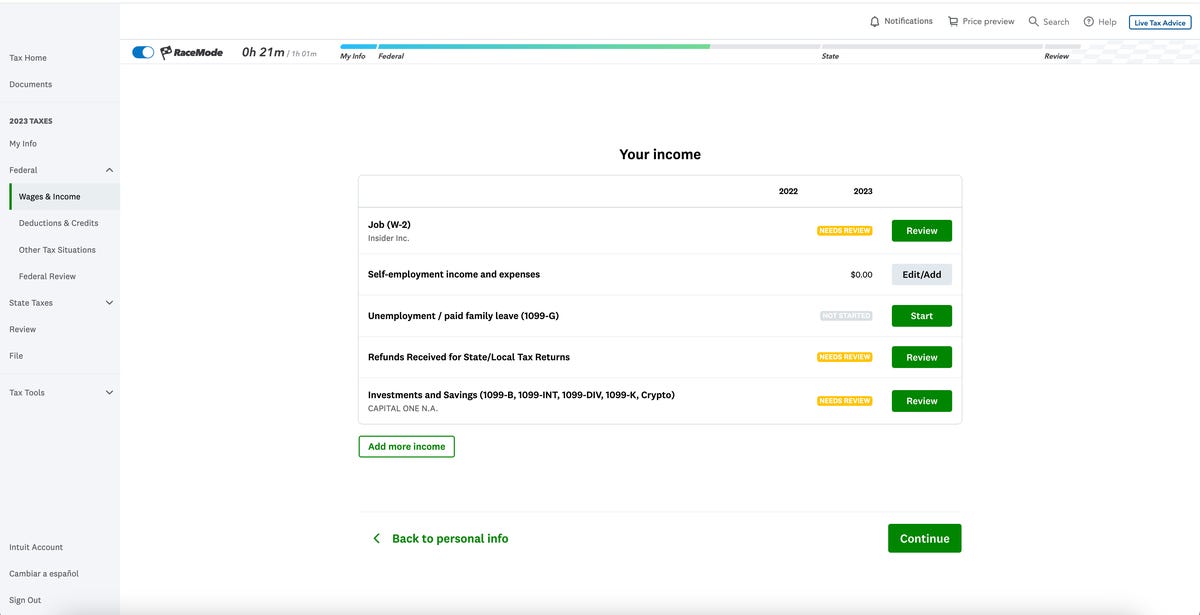 Credit Karma TurboTax income screen