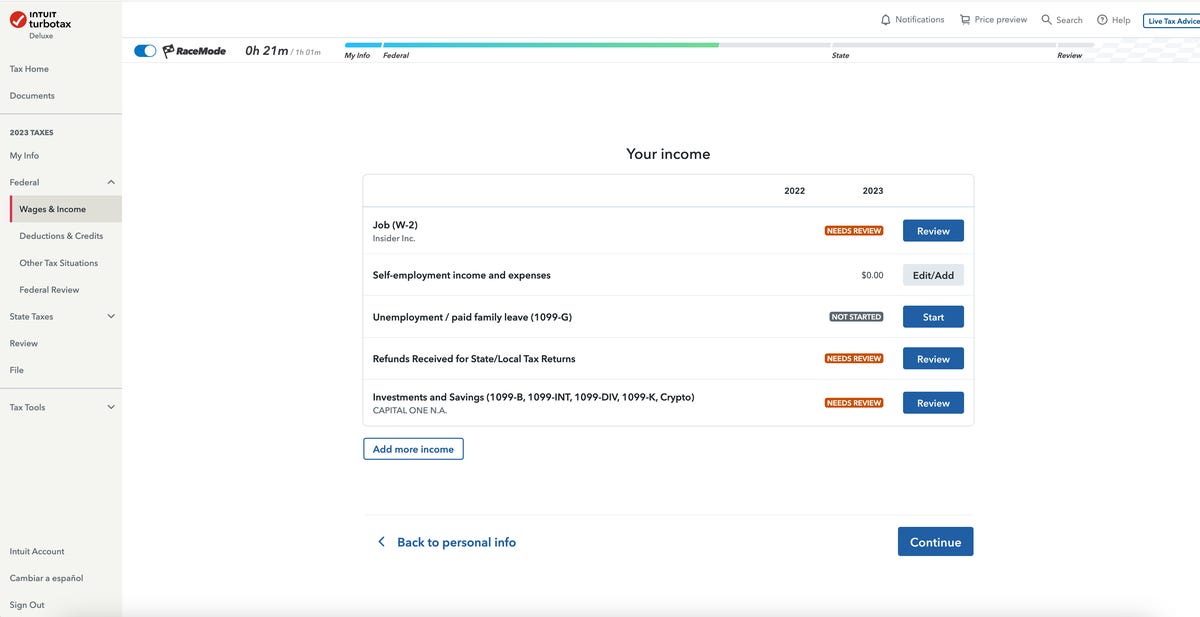 TurboTax income screen