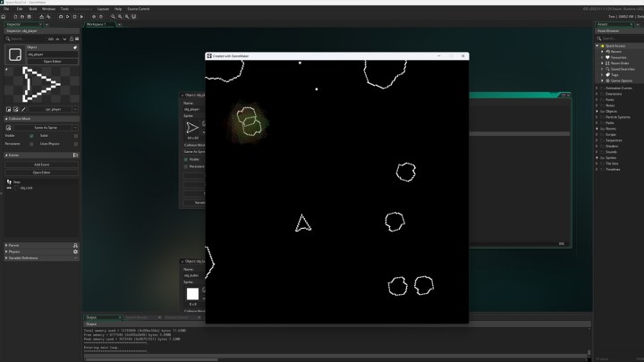 An asteroids clone running in Game Maker.