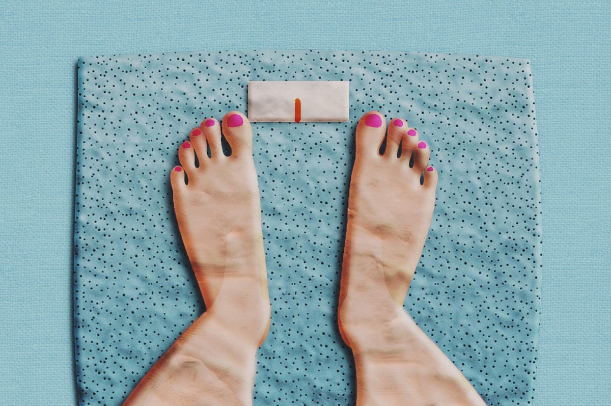 Illustrated feet against a bright blue background with polka dots