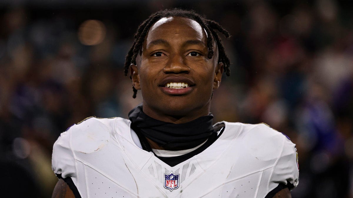 Zay Flowers of the Baltimore Ravens, smiling, looking straight on to the camera.