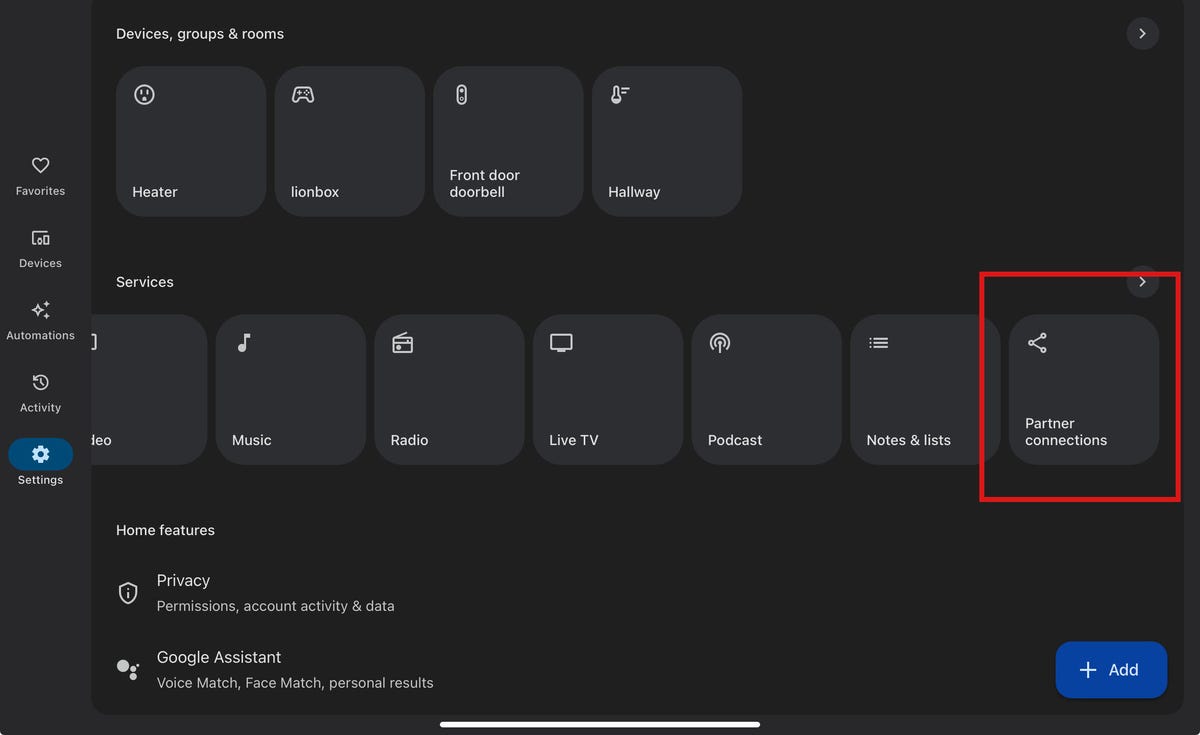 Select Partner Connections in the Google Home app to connect to Alexa.