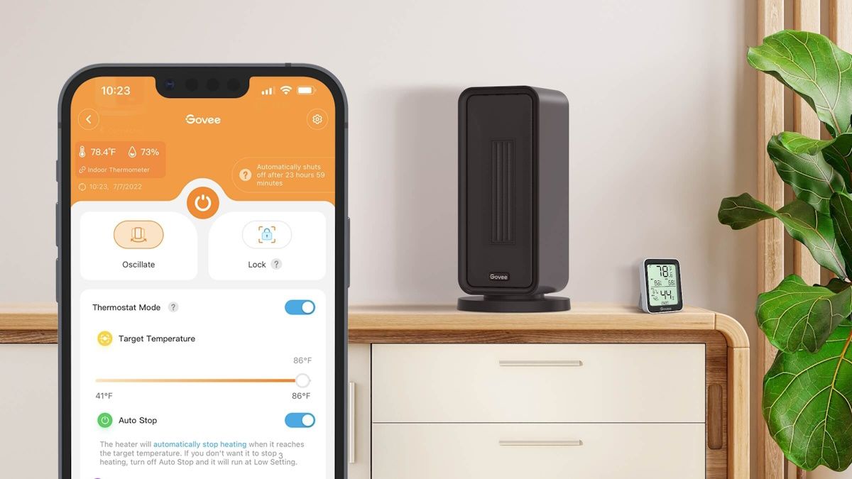 Govee Space Heater on dresser with app