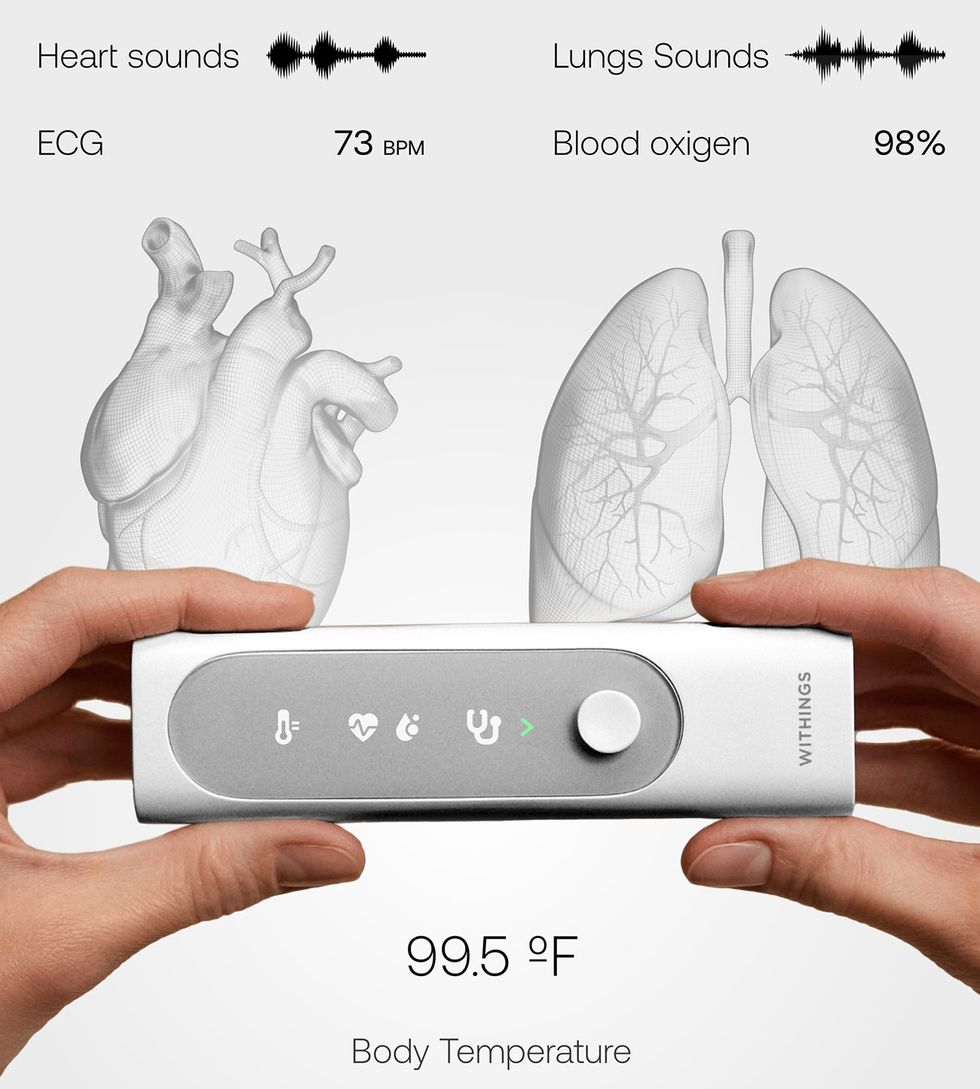 hands hold a rectangular box. Illustrations on the background show measurments related to the heart and lungs.