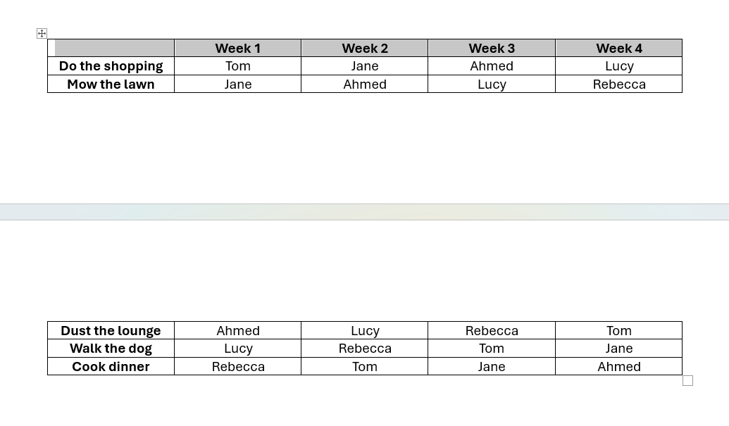 Word document showing a table spanning two pages with the header row highlighted.