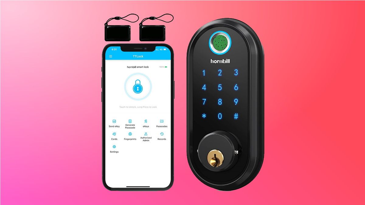 Hornbill smart door lock on pink background