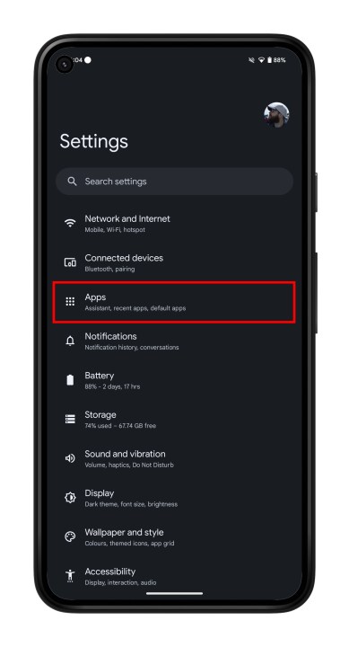 The Settings app in Android.