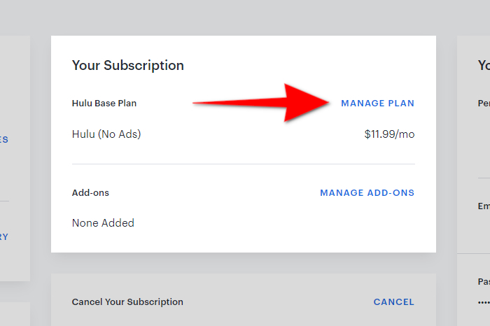 Hulu Manage Plan screen.