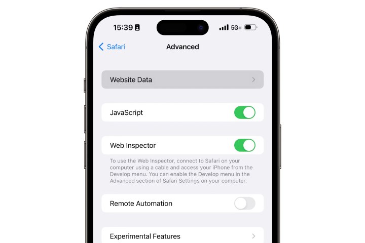 iPhone with Safari Website Data option highlighted.