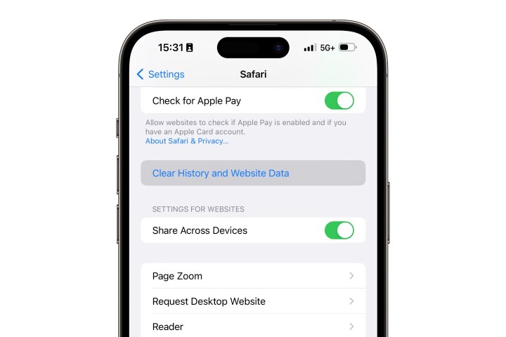 iPhone with Clear History and Website Data menu item highlighted.