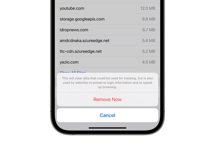 iPhone asking for confirmation to remove website data from Safari.
