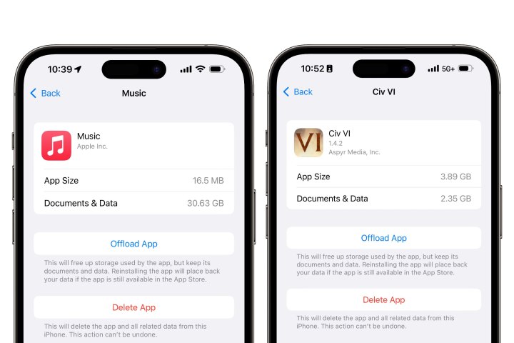 Two iPhones showing side-by-side comparison of app data and document storage taken up by Music and Civilization VI apps.