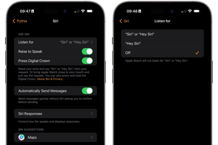 Siri settings in iPhone Watch app in iOS 17.