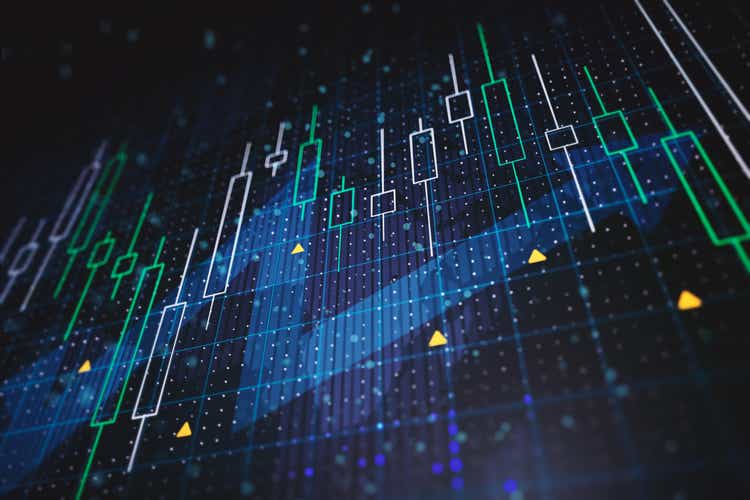 Abstract financial charts with upward arrow on a blue background. 3D Rendering