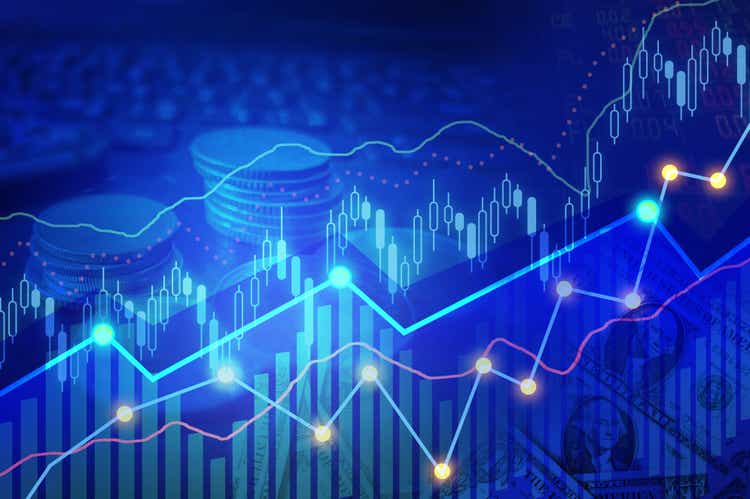 Business financial concept with double exposure stock market up trading line