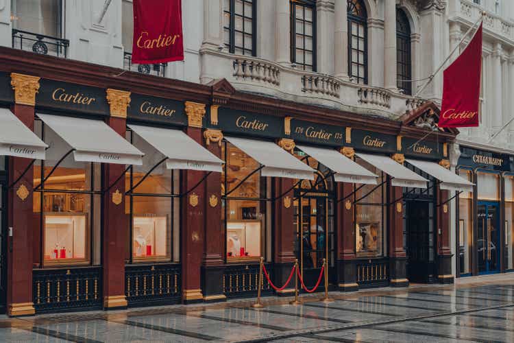 Facade of the Cartier store on New Bond Street, London, UK.