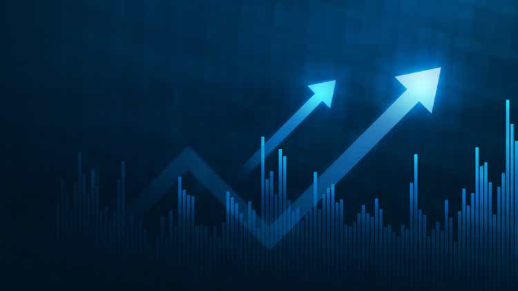 Blue growth graph business chart data diagram on success financial presentation background with abstract up arrow bar symbol or finance marketing price statistic and economy market profit investment.