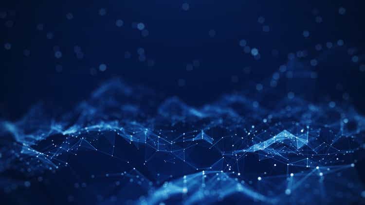 Abstract concepts of cybersecurity technology and digital data protection. Protect internet network connection with polygons, dots and lines with dark blue background, center focus, side blur.