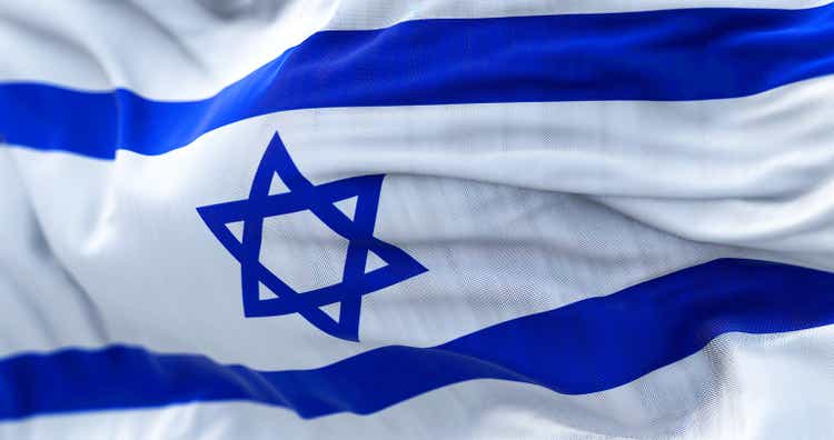 Close-up view of the Israel national flag waving in the wind