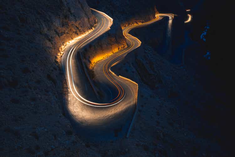 Night scene Todra Gorge steep winding mountain road Dades Valley Morocco