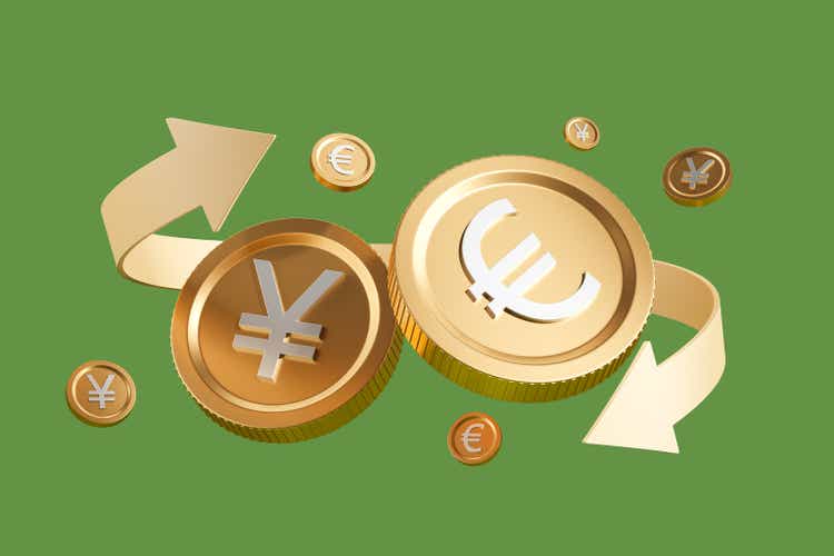 Yen and euro exchange, falling coins and arrow on green background