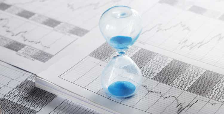 Best time for investment. Hourglass, financial charts and calculator.