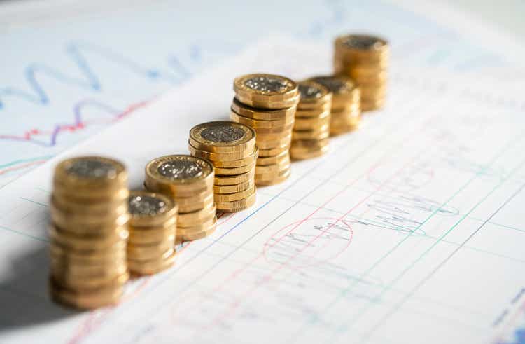 Stack of pound coins on financial graphs and figures