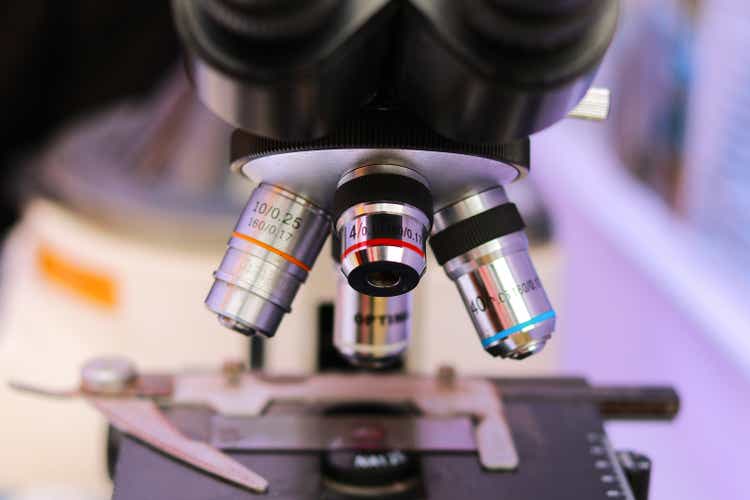 Close-up of the microscope in the laboratory. Microscope for scientific research.