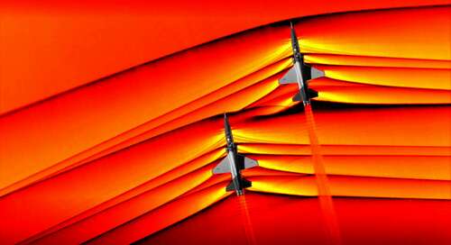 Two supersonic aircraft creating shockwaves as they travel through the atmosphere.