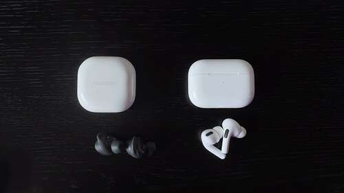 galaxy buds fe and case next to airpods pro and case