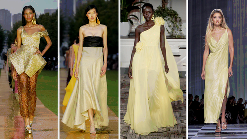 Four photos of women in yellow dresses