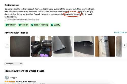 Amazon reviews with an AI-generated summary at the top, referring to the Alo Warrior Yoga Mat instead of the product it's reviewing.