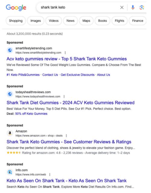 Google search for "Shark Tank keto"