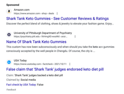 Google search organic results for Shark Tank keto