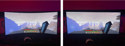 side by side of game on curved monitor and flat monitor