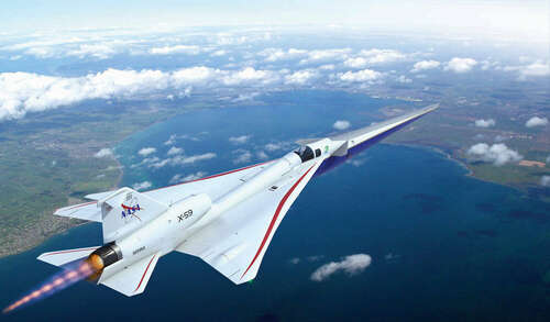 An artist's conception of the X-59 plane on a test flight over land in the U.S.