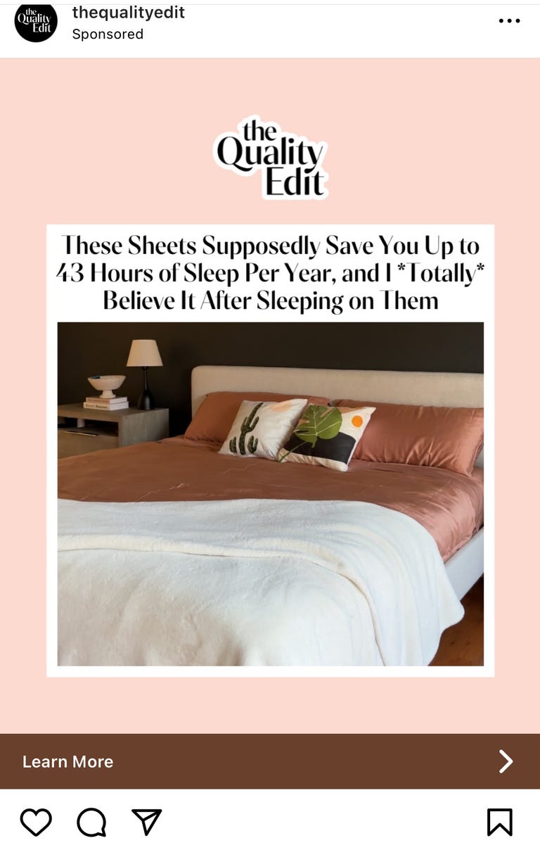 Screenshot of Instagram ad for Ettitude sheets