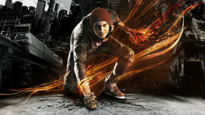 The main character of Infamous: Second Son punches the ground.