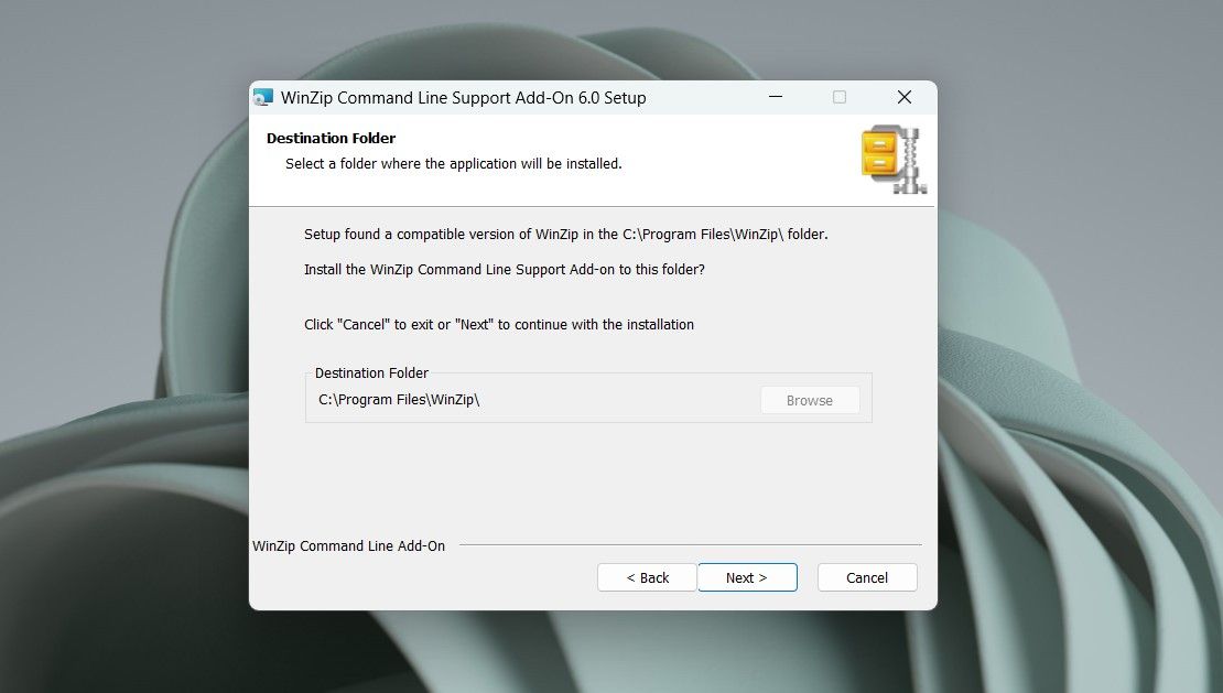 Installation window of WinZip command line utility.