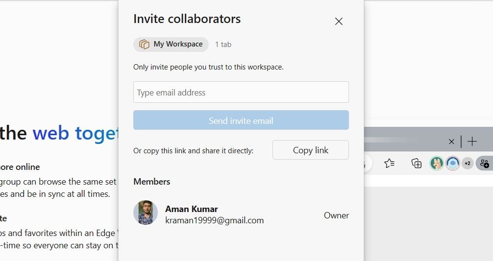 Invite colloborators window in Edge.