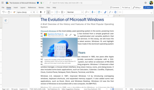 Screenshot of a Word document with the mouse hovering over a Windows article link