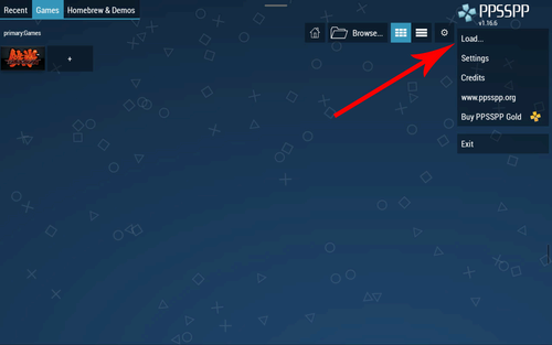 A screenshot of the PPSSPP Android emulator with the 'Load' button being highlighted.