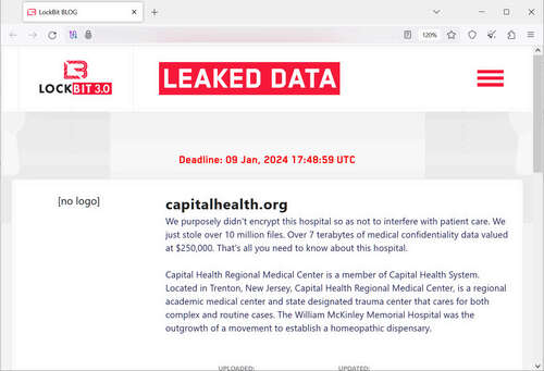 Lockbit data leak site showing Capital Health