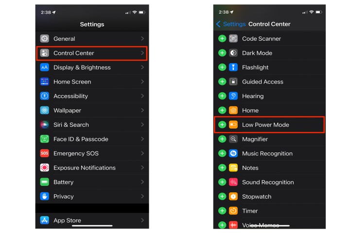 iPhone low power mode from the Control Center.
