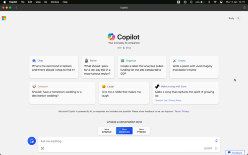 Microsoft Copilot running as a web app in Safari on a Mac.