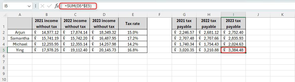 Microsoft Excel sheet containing all results for all employees after using mixed referencing and AutoFill.