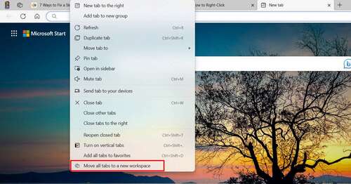 Move all tabs to a new workspace option in Edge.