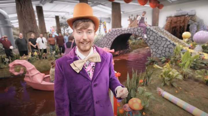 MrBeast stands dressed as Willy Wonka in one of his YouTube videos.