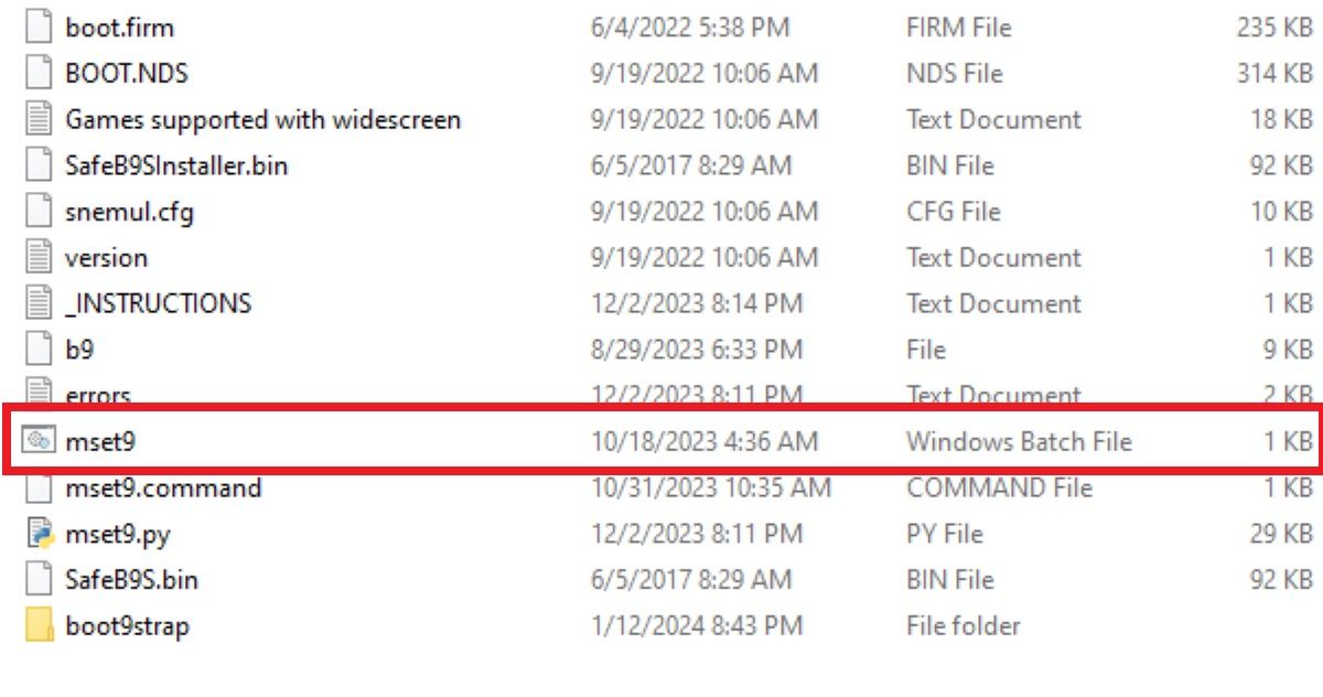 The mse9.bat file should appear toward the bottom of the root directory.